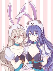  2girls animal_ears blue_eyes blue_hair breasts cleavage closed_mouth corrin_(female)_(fire_emblem) corrin_(fire_emblem) cosplay fake_animal_ears fire_emblem fire_emblem_awakening fire_emblem_fates fire_emblem_heroes gloves highres long_hair lucina_(fire_emblem) lucina_(fire_emblem)_(cosplay) lucina_(spring)_(fire_emblem) multiple_girls official_alternate_costume rabbit_ears red_eyes roroichi simple_background smile super_smash_bros. upper_body white_gloves white_hair 