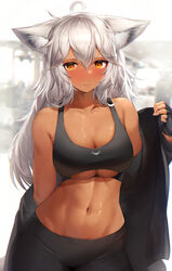  ? absurdres ahoge animal_ears bare_shoulders black_gloves black_jacket black_pants black_sports_bra breasts closed_mouth clothing_cutout cowboy_shot dark-skinned_female dark_skin fang_out female fingerless_gloves gloves hair_between_eyes hand_up highres jacket large_breasts linea_alba long_hair long_sleeves looking_at_viewer mathew_(srmmk_mce) navel oerba_yun_fang off_shoulder open_clothes open_jacket original pants revision skin_fang solo sports_bra standing stomach sweat underboob underboob_cutout white_hair yellow_eyes 