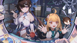  2girls :d ahoge arcade arcade_cabinet arcade_stick asc11 bare_shoulders black_jacket blonde_hair breasts bronya_zaychik bronya_zaychik_(silverwing:_n-ex) brown_eyes brown_hair chinese_clothes cleavage cleavage_cutout closed_mouth clothing_cutout controller crane_game game_controller green_necktie griseo griseo_(starry_impression) hair_ornament highres honkai_(series) honkai_impact_3rd jacket joystick li_sushang li_sushang_(jade_knight) licking_lips multiple_girls necktie official_alternate_costume open_mouth pardofelis_(honkai_impact) smile susannah_manatt susannah_manatt_(valkyrie_quicksand) tongue tongue_out yellow_eyes 