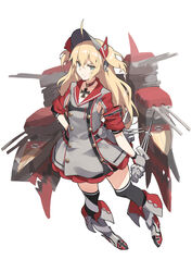  admiral_hipper_(azur_lane) ahoge armpit_cutout azur_lane black_thighhighs blonde_hair boots breasts buttons choker closed_mouth clothing_cutout commentary cross double-breasted dress female full_body glaring gloves green_eyes grey_dress grey_footwear grey_gloves grey_hat hair_between_eyes hand_on_own_hip hat highres iron_cross kekemotsu long_hair looking_at_viewer mole mole_under_eye red_choker rigging scepter short_dress short_sleeves short_twintails simple_background small_breasts solo thighhighs thighs turret twintails visor_cap white_background 