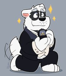  2020 anthro bear black_body black_fur black_nose bottomwear canid canine canis clothing cute_fangs fur giant_panda humanoid_hands hybrid male mammal pants shirt simple_background slightly_chubby solo thepandobo topwear white_body white_fur wolf 