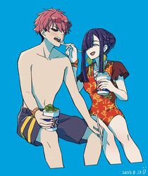  1boy blue_background blue_eyes blush chinese_clothes closed_eyes couple earrings eating female food gauma gridman_universe gridman_universe_(film) hair_bun hair_over_one_eye ice_cream jewelry long_hair male_swimwear official_alternate_costume one-piece_swimsuit open_mouth pisto1star princess_(dynazenon) red_hair scar simple_background single_hair_bun smile ssss.dynazenon straight sunglasses swim_trunks swimsuit 