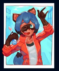  absurd_res anthro beverage black_body black_fur blue_body blue_eyes blue_fur blue_hair brand_new_animal brown_body brown_fur canid canine clothed clothing cute_fangs devil_horns_(gesture) female fluffy fluffy_tail fully_clothed fur gesture hair half-length_portrait hand_gesture hi_res holding_object jacket mammal michiru_kagemori one_eye_closed open_mouth pingpenne portrait raccoon_dog smile solo studio_trigger tail tanuki topwear wink 