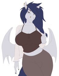  2020 5_fingers amaranthine_(oc) anthro big_breasts blue_hair breasts cleavage clothed clothing digital_media_(artwork) ear_piercing ear_ring equid equine female fingers front_view hair hi_res horse mammal membrane_(anatomy) membranous_wings missy_(artist) piercing ring_piercing simple_background smile solo white_background wide_hips wings 