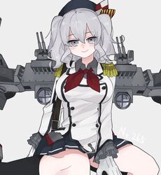  beret black_hat black_skirt black_socks breasts collared_shirt epaulettes female frills gloves grey_background grey_eyes grey_hair grey_shirt hair_between_eyes hat jacket kantai_collection kashima_(kancolle) kneehighs large_breasts long_hair looking_at_viewer military_uniform pleated_skirt rigging shirt simple_background sitting skirt smile socks solo twintails uniform uotsu_(sabakou) wavy_hair white_gloves white_jacket 