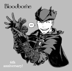  1boy :d anniversary artist_name bloodborne capelet closed_eyes commentary_request facing_viewer gloves greyscale hat highres holding hunter_(bloodborne) kamezaemon long_sleeves male_focus monochrome short_hair simple_background smile solo teeth tricorne upper_teeth_only 