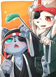  2023 5_fingers absurd_res anthro asian_clothing bemani blush border cat_toy clothing duo east_asian_clothing eye_patch eyewear fangs felid fingers fist fur grey_body grey_fur happy headgear headwear hi_res japanese_clothing kagetora_(pop&#039;n_music) kemokemo02091 kimono konami looking_up male mammal open_mouth orange_background pantherine playing pop&#039;n_music shishiwaka_(pop&#039;n_music) simple_background stripes teeth tiger white_body white_border white_fur young young_anthro young_male 