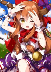  blurry blurry_background blush bow bowtie chains cloud cloudy_sky commentary_request cuffs d; day feet_out_of_frame female gourd hairbow highres horn_ornament horn_ribbon horns ibuki_suika long_hair looking_at_viewer oerba_yun_fang one_eye_closed oni_horns open_mouth orange_eyes orange_hair outdoors purple_ribbon purple_skirt red_bow red_bowtie ribbon ruu_(tksymkw) shackles shirt sidelocks skirt sky solo soybean touhou tree white_shirt wrist_cuffs 