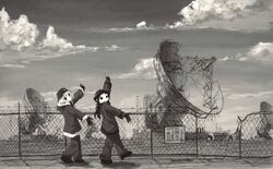  2girls chito_(shoujo_shuumatsu_ryokou) cloud cloudy_sky commentary_request fence fur_trim gloves greyscale hat highres leoleonardk10 long_sleeves monochrome multiple_girls no_nose pose satellite_dish shadow shoujo_shuumatsu_ryokou sky standing wide_shot yuuri_(shoujo_shuumatsu_ryokou) 