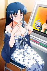  arcade_cabinet blue_eyes blue_hair blush breasts chair cleavage feet_out_of_frame female fujiwara_aya japanese_clothes kimono large_breasts long_hair non-web_source off_shoulder official_art on_chair sitting solo super_real_mahjong tanaka_ryou 