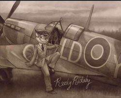  aircraft airplane anthro clothed clothing english_text fully_clothed hawker_hurricane lackadaisy looking_at_viewer male military_uniform monochrome outside rocky_rickaby smile solo text tracy_j._butler uniform vehicle world_war_2 