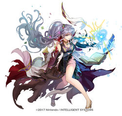  alternate_costume book breasts cape dress electricity female fire_emblem fire_emblem:_genealogy_of_the_holy_war fire_emblem_heroes flower gloves hair_ornament high_heels ishtar_(fire_emblem) ishtar_(fire_emblem)_(echoing_thunder) jewelry legs lightning long_hair magic nijihayashi official_alternate_costume one_eye_closed simple_background solo very_long_hair 