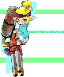  aqua_eyes bike_shorts black_hat blonde_hair closed_mouth female green_skirt hat hydra_splatling_(splatoon) jamir long_sleeves octoling octoling_girl octoling_player_character ponytail purple_footwear shoes short_hair shorts shorts_under_skirt sideways_hat silhouette single_vertical_stripe skirt smile solo splatoon_(series) splatoon_2 suction_cups tentacle_hair visor_cap 