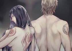  1boy albus_(castlevania) arm_tattoo black_hair blonde_hair breasts castlevania:_order_of_ecclesia castlevania_(series) closed_mouth female grel_(r6hgvu5) long_hair looking_at_viewer nude shanoa sideboob simple_background tattoo topless_male very_long_hair 