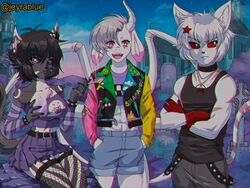  anthro black_body black_fur black_hair bottomwear bracelet clothing collar crop_top domestic_cat felid feline felis female fishnet_clothing fur group hair happy hi_res horn hybrid jacket jewelry jeyrablue lupestra male mammal milo_the_chimera multicolored_clothing occult_symbol pattern_clothing pentagram purple_eyes red_sclera retro retro_anime_style retro_artstyle shirt shorts shoulderless_shirt skirt striped_clothing stripes symbol tank_top topwear trio vanessa_clementine vhs_filter white_body white_fur white_hair 