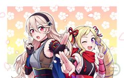  2girls alternate_costume bare_shoulders black_choker black_gloves black_hairband black_kimono black_ribbon blonde_hair blush choker commentary_request corrin_(female)_(fire_emblem) corrin_(female)_(ninja)_(fire_emblem) corrin_(fire_emblem) drill_hair earrings elise_(fire_emblem) elise_(ninja)_(fire_emblem) fingerless_gloves fingernails fire_emblem fire_emblem_fates fire_emblem_heroes fishnets floral_background gloves grey_hair grey_kimono hair_between_eyes hair_ornament hair_ribbon hairband height_difference highres hiyori_(rindou66) japanese_clothes jewelry kimono kuji-in long_hair looking_at_viewer multicolored_hair multiple_girls ninja obi official_alternate_costume one_eye_closed open_mouth pointy_ears purple_eyes purple_hair red_eyes red_ribbon red_scarf ribbon sash scarf shuriken_earrings shuriken_hair_ornament sidelocks sleeveless sleeveless_kimono smile streaked_hair sweatdrop teeth tongue twin_drills twitter_username two-tone_hair upper_body upper_teeth_only very_long_hair 