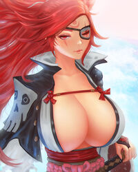  baiken breasts bridal_gauntlets closed_mouth cloud collarbone eyelashes eyepatch eyeshadow facial_mark female floating_hair forehead_mark guilty_gear guilty_gear_strive highres katana large_breasts light_particles lips long_hair long_sleeves makeup mcdobo red_eyes red_hair sash scar scar_across_eye solo sword upper_body weapon 