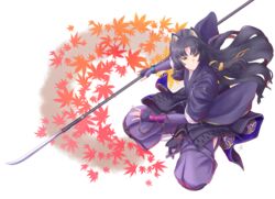  absurdres animal_ears arknights armor black_hair brown_eyes closed_mouth dog_ears faulds female fingerless_gloves gloves highres hip_vent holding holding_polearm holding_weapon infection_monitor_(arknights) japanese_clothes kimono long_hair long_sleeves naginata pants polearm purple_kimono purple_pants saga_(arknights) shao_(newton) solo weapon 