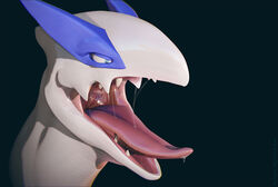  2016 ambiguous_gender blue_eyes bodily_fluids evalion fangs feral generation_2_pokemon headshot_portrait legendary_pokemon lugia mouth_shot nintendo open_mouth pokemon pokemon_(species) portrait saliva solo teeth 