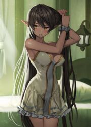  adjusting_hair armpits bare_shoulders bed bedroom black_hair breasts cleavage closed_mouth commentary_typo curtains dark-skinned_female dark_elf dark_skin dress elf female grey_scrunchie highres large_breasts long_hair looking_to_the_side mouth_hold original pillow pointy_ears scrunchie solaris_(sinhyg) solo standing thighs very_long_hair white_dress wrist_scrunchie yellow_eyes 