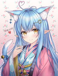  ahoge animal_ear_fluff animal_ears bell blue_hair blue_nails blush cat_ears cat_tail closed_mouth colored_tips crescent crescent_hair_ornament cup ear_piercing elf extra_ears female floral_print hair_between_eyes hair_ornament hairclip hakama hand_up heart heart_ahoge highres holding holding_cup hololive japanese_clothes jingle_bell kimono long_hair long_sleeves looking_at_viewer mirukurim multicolored_hair obi official_alternate_hairstyle piercing pink_hakama pointy_ears print_kimono ribbon sash smile solo streaked_hair tail tail_bell tail_ornament tail_ribbon very_long_hair virtual_youtuber wide_sleeves yellow_eyes yukihana_lamy yukihana_lamy_(new_year) 