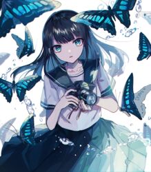  animal black_hair black_sailor_collar black_skirt blue_butterfly blue_eyes bug butterfly camera collarbone commentary_request danjou_sora female highres holding holding_camera long_hair looking_at_viewer neck_ribbon original parted_lips pleated_skirt red_ribbon ribbon sailor_collar school_uniform serafuku shirt short_sleeves simple_background skirt solo water_drop white_background white_shirt 