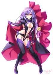  artist_name binato_lulu black_footwear black_leotard boots breasts cape cape_hold cosplay female garter_belt hair_between_eyes highres holding holding_wand iris_heart jewelry leotard long_hair looking_at_viewer macross macross_frontier macross_frontier:_itsuwari_no_utahime medium_breasts necklace neptune_(series) power_symbol power_symbol-shaped_pupils purple_hair purple_thighhighs red_eyes sheryl_nome sheryl_nome_(cosplay) simple_background solo symbol-shaped_pupils thigh_boots thighhighs tongue tongue_out wand white_background 