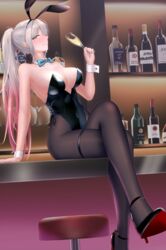  absurdres alcohol alternate_costume animal_ears bar_(place) black_leotard black_pantyhose blue_bow blue_bowtie blue_eyes bottle bow bowtie breasts counter detached_collar female fine_fabric_emphasis girls&#039;_frontline grey_hair high_heels highres ikarobu large_breasts legs leotard long_hair lwmmg_(girls&#039;_frontline) pantyhose playboy_bunny ponytail profanity rabbit_ears rabbit_tail sitting solo stool strapless strapless_leotard tail wrist_cuffs 