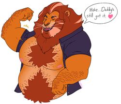  anthro anthrofied arm_hair beard belly belly_fluff belly_fur belly_hair belly_tuft body_hair chest_fur chest_hair chest_tuft clothing daddy_kink disney english_text eye_scar facial_hair facial_scar felid flexing flexing_bicep flufflion forearm_hair forearm_muscles forearms fur hair hairy_hands heart_symbol hi_res jacket lion male mammal mane mature_male mufasa musclegut muscular nipples overweight pantherine red_hair red_mane scar simple_background solo speech_bubble text the_lion_king topwear torn_clothing tuft whiskers white_background white_hair 