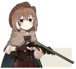  ahoge alternate_costume bad_id bad_twitter_id belt braid braided_bangs brown_capelet brown_cloak brown_corset brown_eyes brown_hair capelet cloak commentary corset cowboy_hat double-barreled_shotgun female gloves gun gyaheung handgun hat highres hololive hololive_english holster holstered looking_at_viewer multicolored_hair nanashi_mumei nanashi_mumei_(1st_costume) official_alternate_hairstyle partially_fingerless_gloves red_skirt ribbon shirt short_hair shotgun skirt smile solo streaked_hair symbol-only_commentary virtual_youtuber weapon white_shirt 