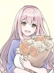  bad_id bad_twitter_id blush bouquet breasts commentary_request female flower green_eyes hair_between_eyes holding holding_bouquet idolmaster idolmaster_cinderella_girls long_hair looking_at_viewer open_mouth pink_hair round_teeth saionji_kotoka simple_background smile solo tamasa_yamoto tears teeth upper_body white_background yellow_background 