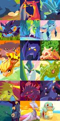  :d beach bird bone breath_weapon breathing_fire brown_eyes charizard claws closed_eyes closed_mouth cloud cloudy_sky commentary crobat crying cubone dragon energy_beam english_commentary fangs fire flying frown gallade garchomp ghost glaceon grass happy highres hitmonlee horns jumping looking_at_viewer looking_back luxray lying mismagius ocean on_stomach one_eye_closed open_mouth outdoors pidgeot pocky_(susan) pokemon pokemon_(creature) red_eyes rock sand sand_castle sand_sculpture scyther seadra sitting skarmory skull_on_head sky smile snivy snorlax snow snowing squirtle sun tears twilight tyranitar umbreon water wind 