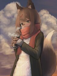  ahoge animal_ears arm_support bad_id bad_twitter_id blush breasts brown_hair commentary_request female glasses green_eyes hair_between_eyes hair_ornament hairpin highres hiiragi_ryou_(vtuber) holding indie_virtual_youtuber long_sleeves red-framed_eyewear red_scarf scarf sidelocks sleeves_past_wrists solo standing sweater tail tamasa_yamoto upper_body virtual_youtuber 