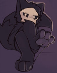  anthro black_body black_fur canid canine canis changed_(video_game) conditional_dnp crossed_legs digital_media_(artwork) feet foot_focus fur goo_creature hand_on_leg hi_res joooji looking_at_viewer low_lighting male male_anthro mammal mask pawpads paws puro_(changed) purple_background purple_pawpads questioning_look shaded simple_background simple_shading solo white_eyes white_face wolf 