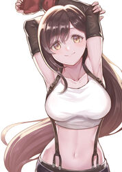  armpits arms_up black_hair black_skirt blush breasts brown_eyes brown_hair collarbone commentary crop_top earrings ebinomi elbow_gloves female final_fantasy final_fantasy_vii fingerless_gloves gloves highres jewelry large_breasts long_hair looking_at_viewer midriff navel skirt smile solo suspender_skirt suspenders tank_top tifa_lockhart 