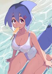  absurdres azuumori bare_legs barefoot blue_hair breasts cleavage female fins fish_tail food hair_between_eyes hair_ornament hairclip highres knees_out_of_frame large_breasts looking_at_viewer mako_(azuumori) mouth_hold one-piece_swimsuit original pink_eyes popsicle shark_fin shark_girl shark_tail sharp_teeth solo swimsuit tail teeth wet white_one-piece_swimsuit 