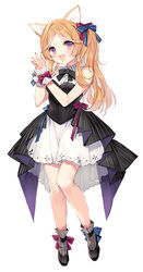  :d animal_ears bad_id bad_pixiv_id black_footwear blue_bow blush bow breasts brown_hair commentary dress female full_body grey_socks hairbow hands_up long_hair looking_at_viewer medium_breasts multicolored_hair one_side_up open_mouth original personification pf photoshop_(medium) pleated_dress purple_eyes red_bow red_nails shoes simple_background smile socks solo streaked_hair striped_bow striped_clothes striped_socks symbol-only_commentary vertical-striped_clothes vertical-striped_socks very_long_hair white_background white_dress white_hair wrist_cuffs 