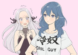  2girls alternate_costume artist_name blue_eyes blue_hair breasts byleth_(female)_(fire_emblem) byleth_(fire_emblem) cleavage commentary edelgard_von_hresvelg fire_emblem fire_emblem:_three_houses hair_ribbon long_hair multiple_girls open_mouth pink_background purple_eyes ribbon short_sleeves simple_background sleeveless upper_body white_hair yudepan_(yuri_no_sugata) yuri 