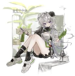  arknights black_skirt black_socks blue_eyes bottle bun_cover character_name double_bun female full_body gloves green_gloves grey_hair hair_bun highres holding holding_bottle incense_burner knees_up looking_at_viewer mulberry_(arknights) mulberry_(plant_crude_drug)_(arknights) official_alternate_costume plant pomopomoinu shirt shoes single_glove sitting skirt sleeves_past_elbows socks solo spray_bottle white_background white_footwear white_shirt 