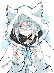  animal_ears animal_hood blue_neckerchief blush braid collarbone commentary_request fake_animal_ears female glasses green_eyes hair_between_eyes hololive hood hoodie index_finger_raised kurose_kousuke long_hair looking_at_viewer neckerchief shirakami_fubuki sidelocks simple_background single_braid smile solo virtual_youtuber white_background white_hair white_hoodie 