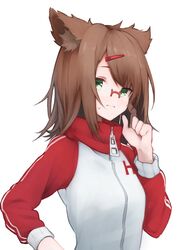  3: animal_ears bad_id bad_twitter_id blush breasts brown_hair closed_mouth commentary_request female finger_to_cheek glasses green_eyes hair_between_eyes hair_ornament hairpin hiiragi_ryou_(vtuber) indie_virtual_youtuber jacket long_sleeves looking_to_the_side medium_hair red-framed_eyewear red_jacket sidelocks simple_background small_breasts solo standing sweatdrop tamasa_yamoto track_jacket virtual_youtuber white_background white_jacket zipper zipper_pull_tab 