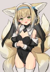  alternate_costume animal_ears arknights bare_shoulders black_leotard blue_hairband blush braid covered_navel cowboy_shot detached_sleeves female fox_ears fox_girl fox_tail green_eyes habit hairband highres infection_monitor_(arknights) interlocked_fingers leotard light_brown_hair long_sleeves looking_at_viewer material_growth multiple_tails nun open_mouth oripathy_lesion_(arknights) own_hands_together sigm@ simple_background smile solo suzuran_(arknights) tail thighhighs 