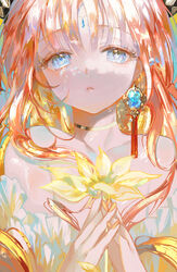  bare_shoulders blue_eyes blue_gemstone collarbone commentary earrings female flower forehead_jewel gem genshin_impact gold_choker hands_up hyatsu jewelry long_hair looking_at_viewer nilou_(genshin_impact) orange_hair orange_theme parted_lips shirt single_earring solo upper_body white_shirt yellow_flower yellow_nails 