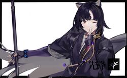  ;o animal_ears arknights black_border black_gloves black_hair black_kimono blush border bracelet brown_eyes dog_ears dog_girl elbow_gloves facial_mark female fingerless_gloves forehead_mark gloves hand_up holding japanese_clothes jewelry kimono long_hair long_sleeves looking_at_viewer nineo one_eye_closed open_mouth outstretched_arm parted_bangs saga_(arknights) simple_background solo upper_body very_long_hair white_background wide_sleeves 