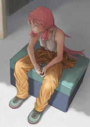  akashi_(kancolle) alternate_costume blunt_tresses box breasts can closed_mouth clothes_around_waist commentary_request energy_drink female full_body green_eyes hair_ribbon highres holding jumpsuit jumpsuit_around_waist kantai_collection long_hair looking_to_the_side medium_breasts monster_energy orange_jumpsuit pink_hair ribbon shoes sitting sneakers solo tank_top taruya tied_jumpsuit tress_ribbon white_tank_top 