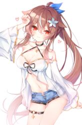  :3 animal_ears arm_up armpits bare_shoulders beliatan black_choker blue_shorts breasts brown_hair center_opening choker cleavage closed_mouth collarbone commission cowboy_shot cutoffs denim denim_shorts detached_sleeves female flower gold_trim hair_flower hair_ornament hair_ribbon halterneck highres indie_virtual_youtuber lilya_kyomi_(fiwivt) long_hair long_sleeves looking_at_viewer medium_breasts micro_shorts midriff multicolored_hair navel open_fly pixiv_commission ponytail red_eyes revealing_clothes ribbon shirt short_shorts shorts simple_background smile solo standing stomach streaked_hair thigh_strap thighs very_long_hair virtual_youtuber white_background white_shirt 