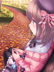  aqua_nails autumn_leaves bench beret black_pantyhose black_skirt blue_eyes bow bowtie breasts brown_hair bush closed_mouth commentary day eyelashes female frilled_skirt frills from_above from_side hairbow hat jewelry leaf medium_breasts medium_hair nail_polish nijisanji outdoors pantyhose path pink_bow pink_sweater profile purple_bow purple_bowtie purple_hat ring shirt sitting skirt solo straight_hair striped_clothes striped_pantyhose striped_skirt suzuhara_lulu sweater tooi_aoiro tree vertical-striped_clothes vertical-striped_pantyhose vertical-striped_skirt virtual_youtuber white_shirt 