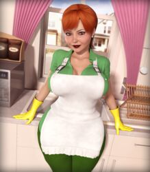  1girls 3d apron big_breasts breasts cleavage dexter&#039;s_laboratory dexter&#039;s_mom female female_only gloves milf orange_eyes orange_hair rasmus-the-owl solo solo_female 