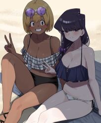  2girls ayatak0517 beach_towel bikini black_bikini black_hair blonde_hair blue_bikini breasts brown_eyes cleavage dark-skinned_female dark_skin day eyewear_on_head grin gyaru highres komi-san_wa_komyushou_desu komi_shouko large_breasts manbagi_rumiko mismatched_bikini multicolored_bikini multicolored_clothes multiple_girls navel off-shoulder_bikini off_shoulder outdoors plaid_bikini plaid_clothes purple-tinted_eyewear purple_eyes purple_scrunchie round_eyewear sand scrunchie side-tie_bikini_bottom smile sunglasses swimsuit tan teeth tinted_eyewear towel v white_bikini 