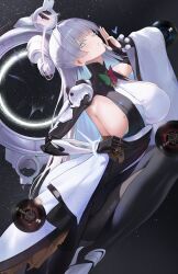  absurdres bead_bracelet beads black_pantyhose black_skirt blue_hair bow bow-shaped_hair bracelet breasts colored_eyelashes colored_inner_hair commentary detached_sleeves empty_eyes female furisode_sleeves goddess_of_victory:_nikke grey_eyes grey_hair hairbow half_updo halo highres huge_breasts jewelry large_breasts light_blush long_hair looking_at_viewer mechanical_arms mechanical_halo mole mole_on_breast multicolored_hair nayuta_(nikke) nevin_(flyskying) one_eye_closed pantyhose sideboob sideless_outfit single_detached_sleeve single_mechanical_arm skirt solo thick_eyelashes very_long_hair white_hair 